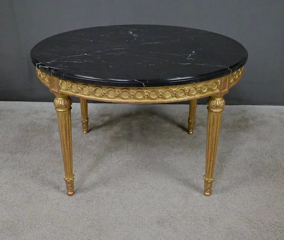 Table de Salon en Marbre & Bois Doré à l’Or fin, style Louis XVI – Milieu XXe
