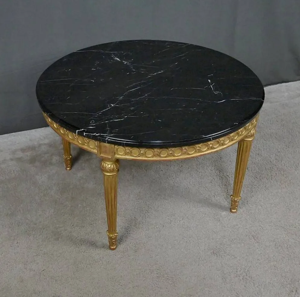 Table de Salon en Marbre & Bois Doré à l’Or fin, style Louis XVI – Milieu XXe
