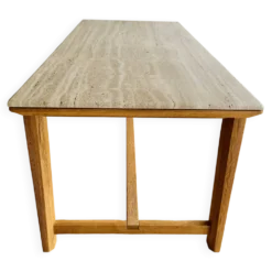 Table designer E. Gallina en travertin et chêne massif pour 6 personnes.