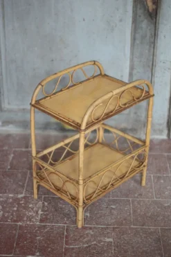 Table desserte rotin vintage, table d'appoint sur 2 niveaux