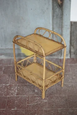 Table desserte rotin vintage, table d'appoint sur 2 niveaux