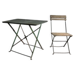 Table de terrasse de brasserie vintage des années 1930 avec chaise pliante en métal vert et bois