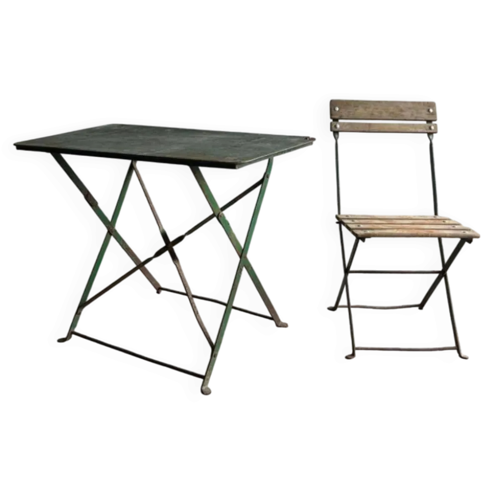 Table de terrasse de brasserie vintage des années 1930 avec chaise pliante en métal vert et bois