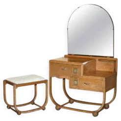 Table de toilette en chêne blanchi Art Déco avec tabouret Heal's