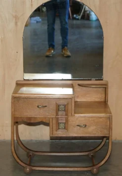 Table de toilette en chêne blanchi Art Déco avec tabouret Heal's