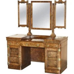 Table de toilette gothique en noyer Burr & Burl avec ferrures en laiton