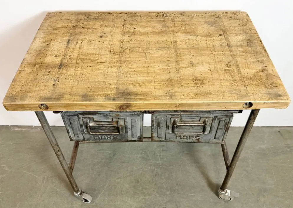 Table de travail industrielle vintage sur roues, années 1960