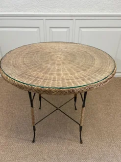 Table en osier Art Déco avec plateau en verre, Allemagne, vers 1920