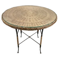 Table en osier Art Déco avec plateau en verre, Allemagne, vers 1920