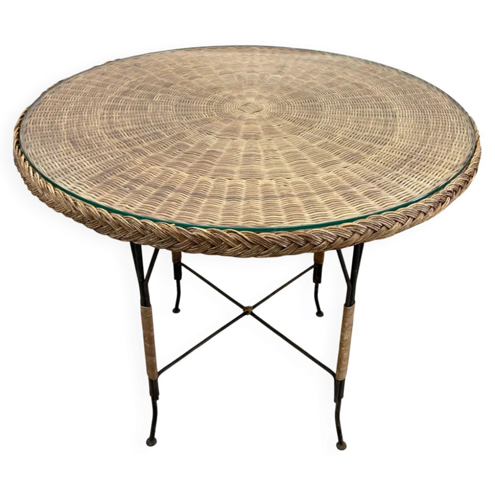 Table en osier Art Déco avec plateau en verre, Allemagne, vers 1920
