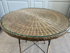 Table en osier Art Déco avec plateau en verre, Allemagne, vers 1920