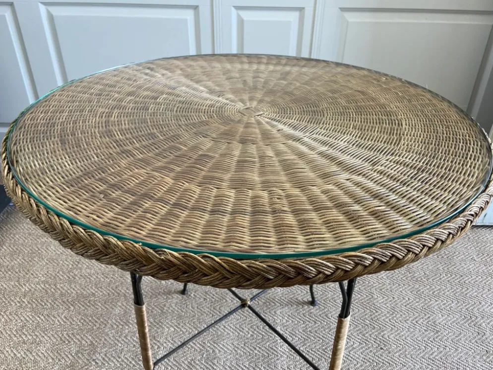 Table en osier Art Déco avec plateau en verre, Allemagne, vers 1920