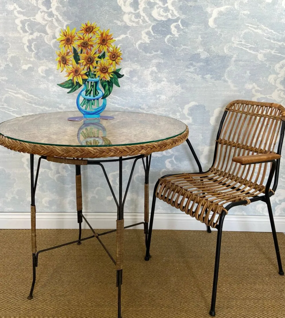 Table en osier Art Déco avec plateau en verre, Allemagne, vers 1920