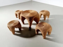 Table et tabourets à aiguille en osier et pin, France, années 1980