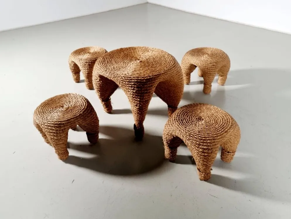 Table et tabourets à aiguille en osier et pin, France, années 1980