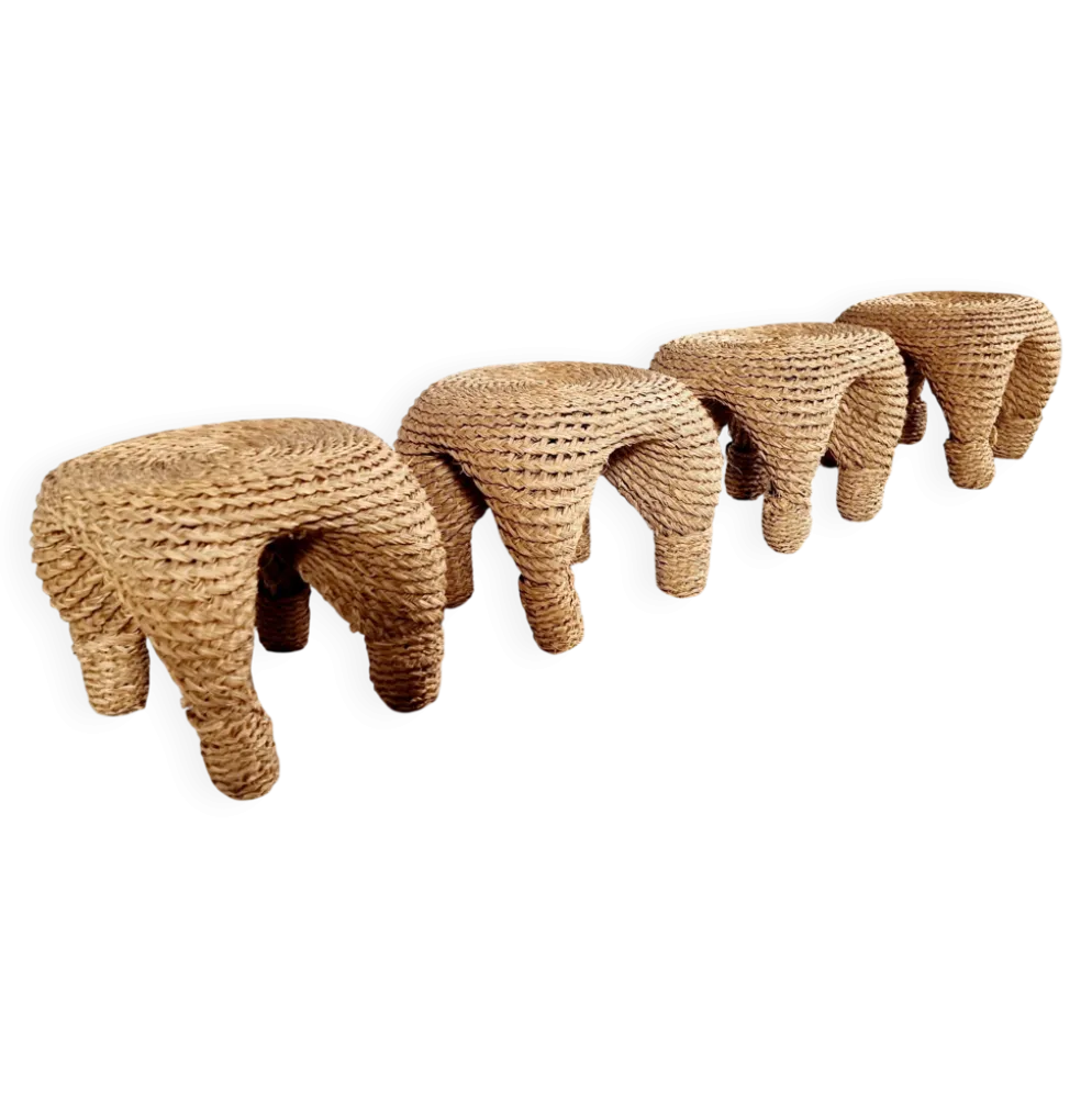 Table et tabourets à aiguille en osier et pin, France, années 1980