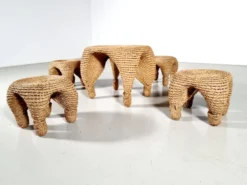 Table et tabourets à aiguille en osier et pin, France, années 1980