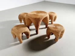 Table et tabourets à aiguille en osier et pin, France, années 1980