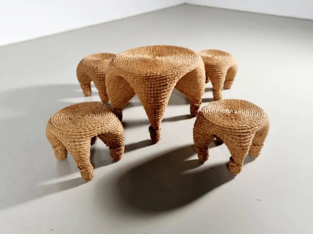 Table et tabourets à aiguille en osier et pin, France, années 1980