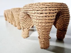 Table et tabourets à aiguille en osier et pin, France, années 1980