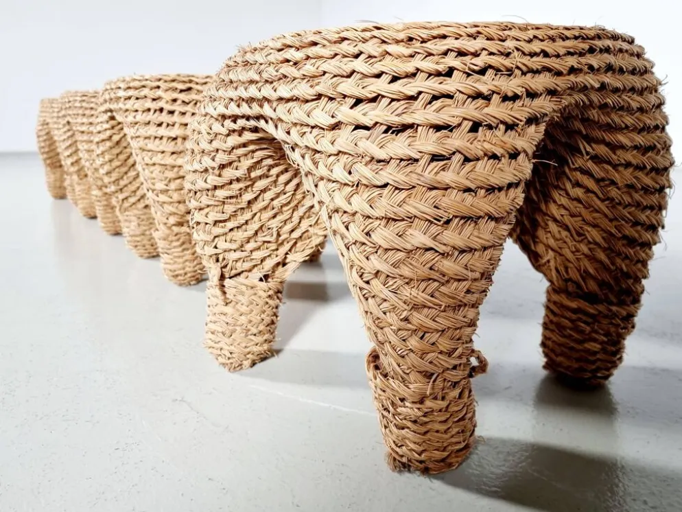 Table et tabourets à aiguille en osier et pin, France, années 1980