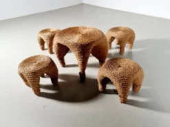 Table et tabourets à aiguille en osier et pin, France, années 1980