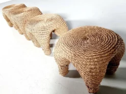 Table et tabourets à aiguille en osier et pin, France, années 1980