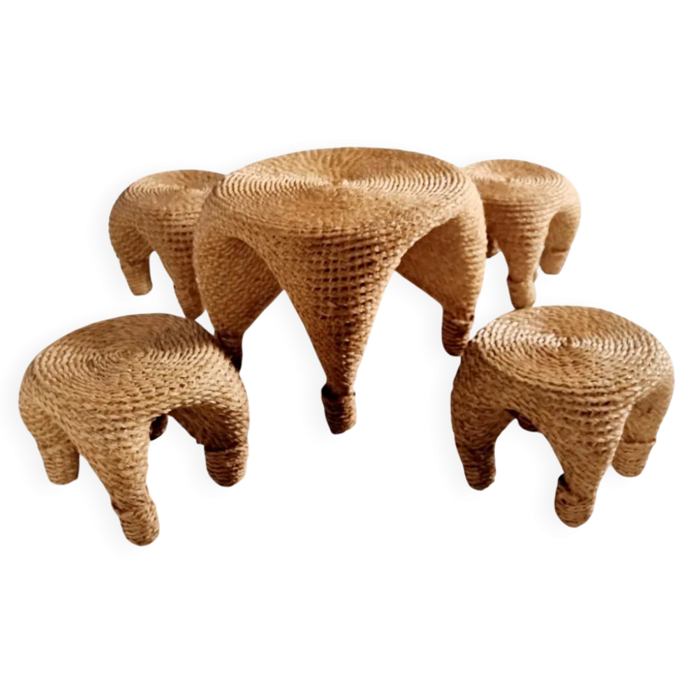 Table et tabourets à aiguille en osier et pin, France, années 1980