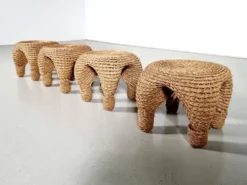 Table et tabourets à aiguille en osier et pin, France, années 1980