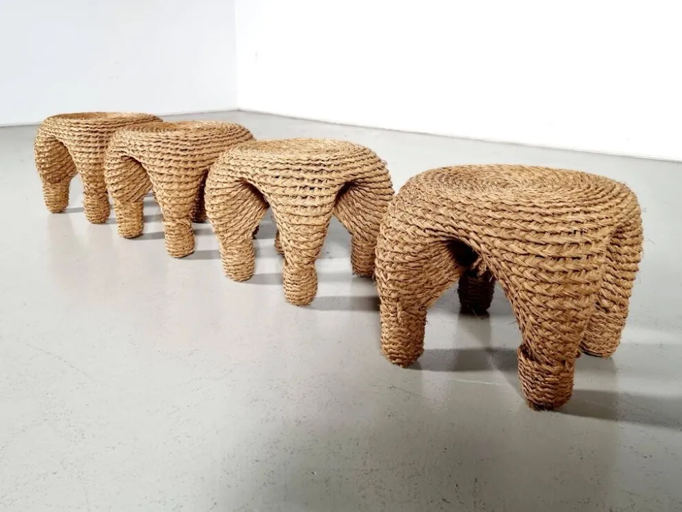 Table et tabourets à aiguille en osier et pin, France, années 1980