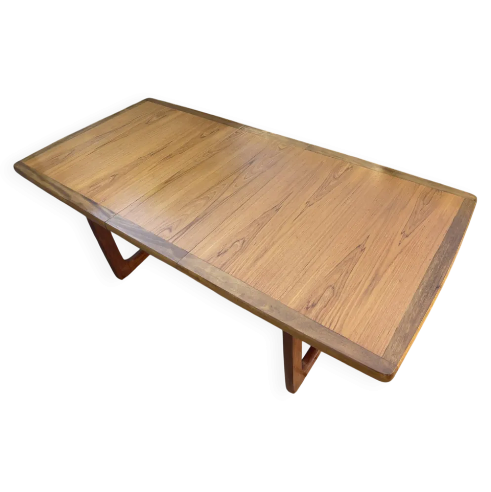 Table extensible en teck, piètement luge traîneau, style vintage