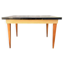 Table extensible moderniste française beige, pieds bois, circa 1955