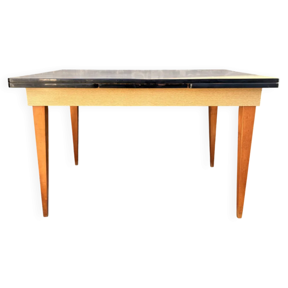 Table extensible moderniste française beige, pieds bois, circa 1955