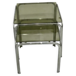 Table gigogne chrome et verre fumé lot de 2