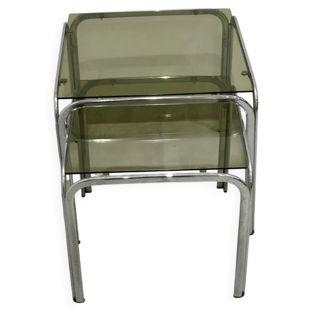 Table gigogne chrome et verre fumé lot de 2