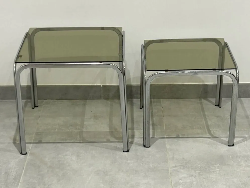 Table gigogne chrome et verre fumé lot de 2