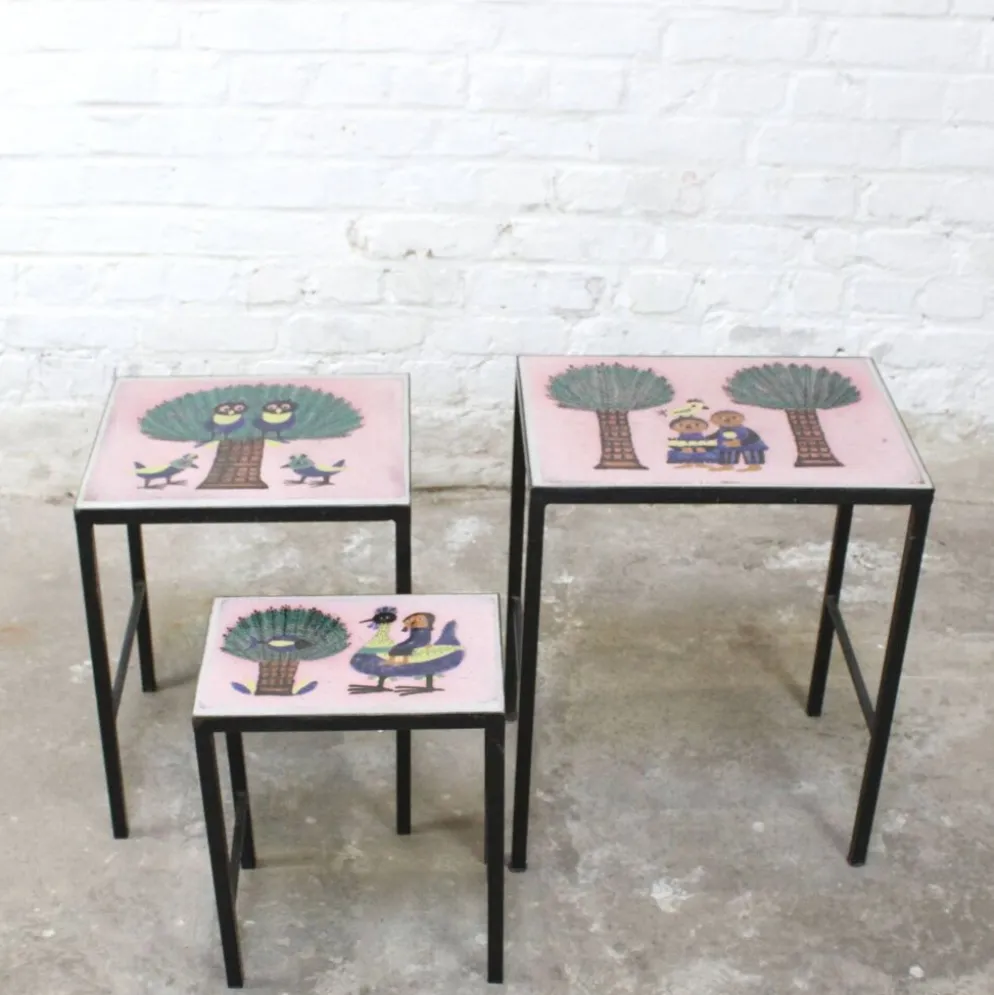 Table gigognes - métal et céramique de Dour 1960