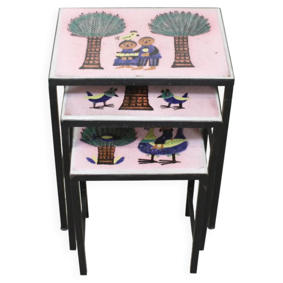 Table gigognes - métal et céramique de Dour 1960