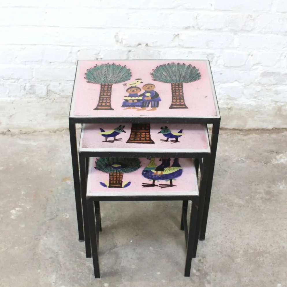 Table gigognes - métal et céramique de Dour 1960