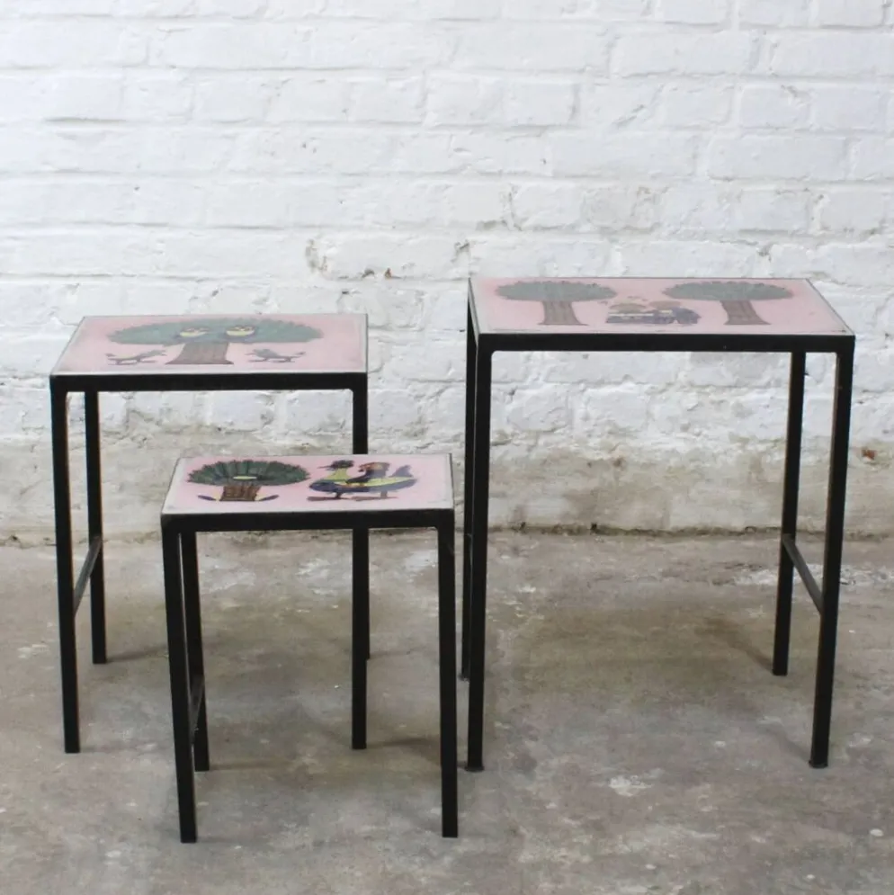 Table gigognes - métal et céramique de Dour 1960