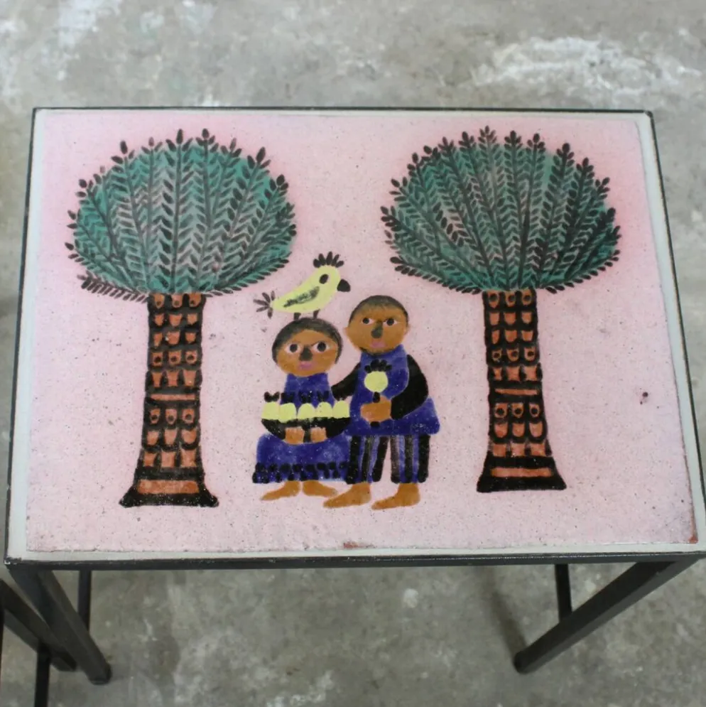 Table gigognes - métal et céramique de Dour 1960