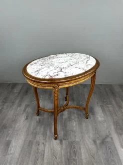 Table guéridon ovale en bois sculpté et marbre, style Louis XVI, XIX Siècle