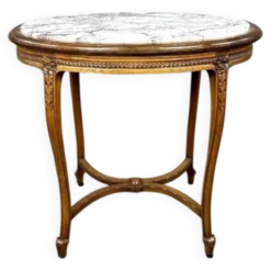 Table guéridon ovale en bois sculpté et marbre, style Louis XVI, XIX Siècle
