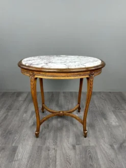 Table guéridon ovale en bois sculpté et marbre, style Louis XVI, XIX Siècle