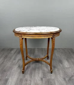 Table guéridon ovale en bois sculpté et marbre, style Louis XVI, XIX Siècle