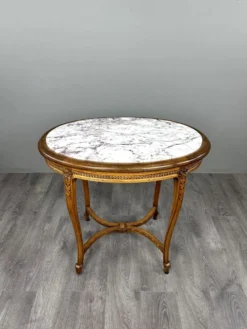 Table guéridon ovale en bois sculpté et marbre, style Louis XVI, XIX Siècle