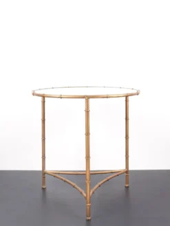 Table, guéridon vintage en métal doré et plateau en miroir