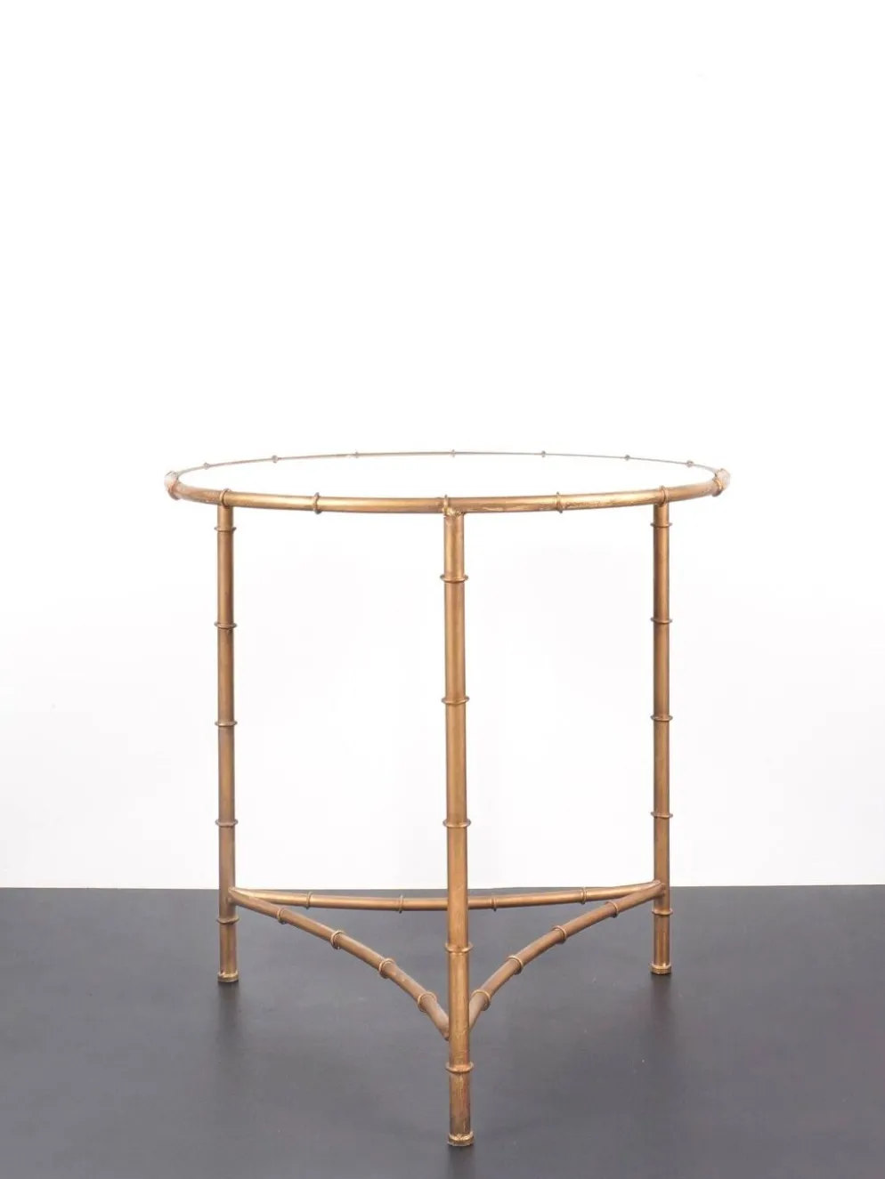 Table, guéridon vintage en métal doré et plateau en miroir