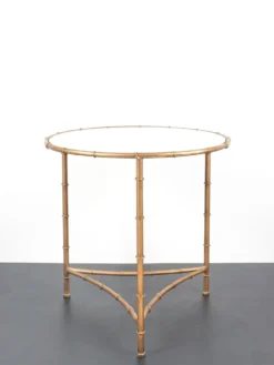 Table, guéridon vintage en métal doré et plateau en miroir