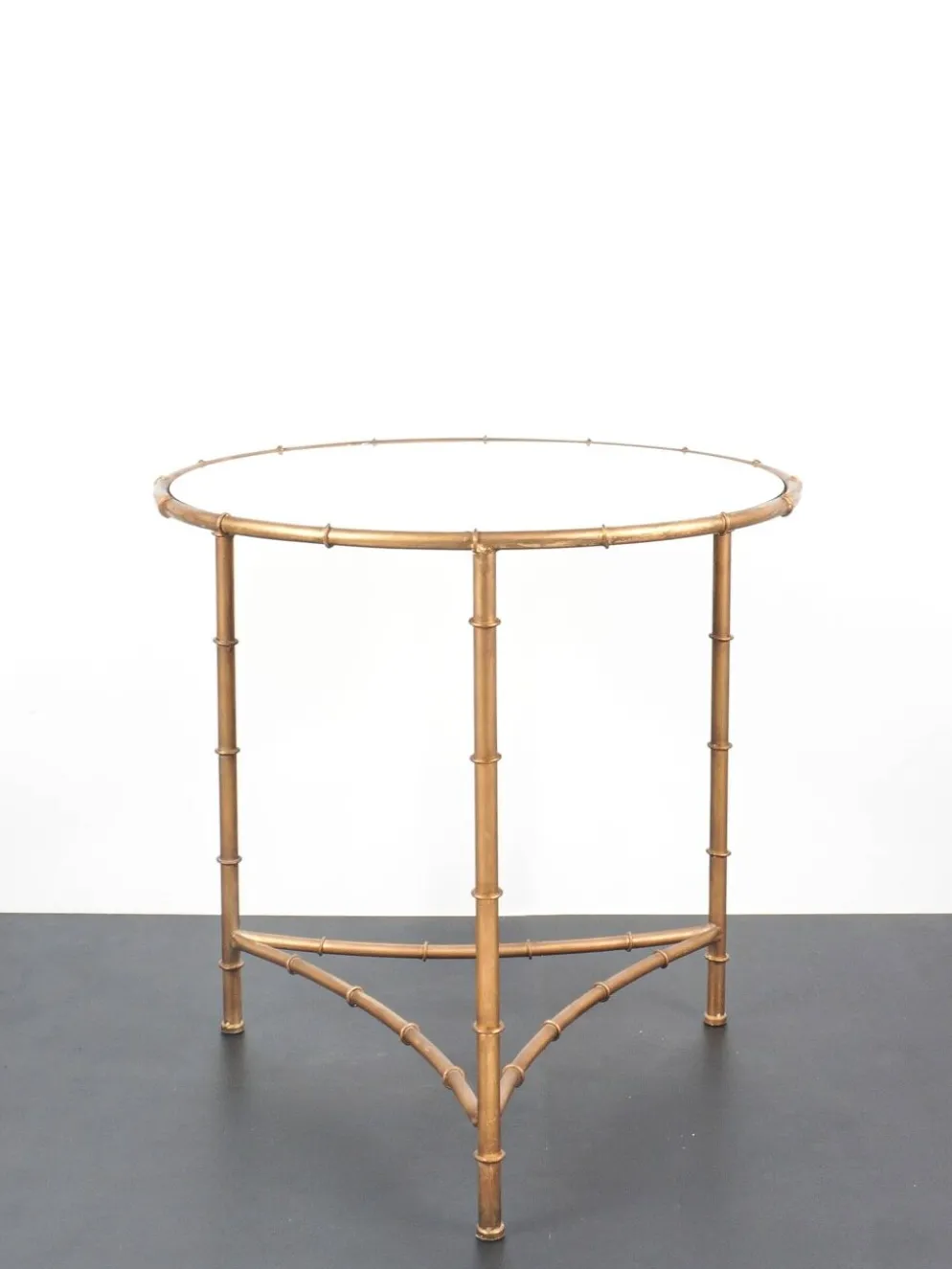 Table, guéridon vintage en métal doré et plateau en miroir